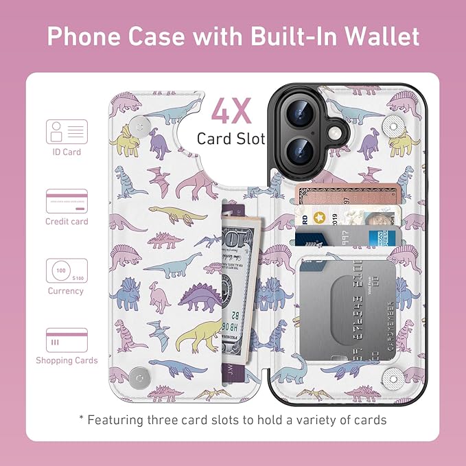 FUNMIKO for iPhone 16 Plus Wallet Case with Card Holder, RFID-Blocking, Military-Grade Protection & UV-Printed Artwork, Magnetic Closure with Leather Kickstand - Vibrantly Cute Dinosaur