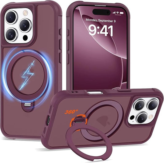 Compatible with iPhone 16 Pro Case with Invisible Magnetic 360°Spin Stand,Military-Grade Shockproof Protection [Compatible with Mag-Safe] Non-Slip Edge Translucent Case (6.3",Wine Red)
