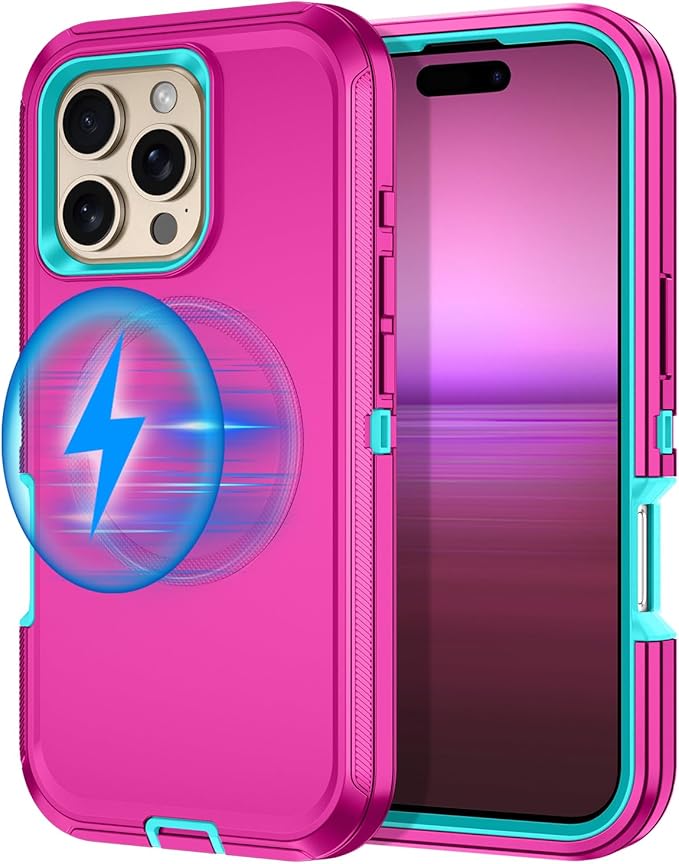 for iPhone 16 Pro Max Case [Compatible with MagSafe] Shockproof 3-Layer Full Body Protection [Without Screen Protector] Rugged Heavy Duty Cover Case for Apple iPhone 16 Pro Max,Rose Red/Green