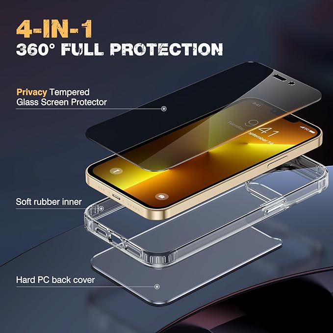 Diaclara Designed for iPhone 13 Pro Max Case, [with Privacy Screen Protector] [Anti Spy] [Military Grade Drop Protection] Heavy Duty Full-Body Shockproof Phone Case, Clear