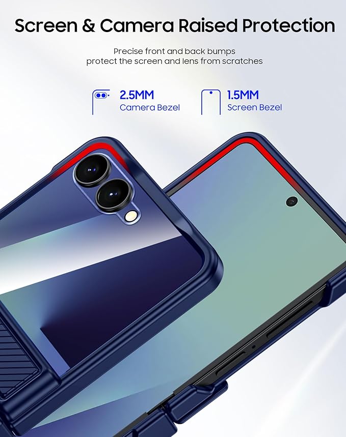 CENMASO for Samsung Galaxy Z Flip 7 Case with Card Holder [RFID Blocking] & Hinge Protection & HD Screen Protector, Rugged Anti-Scratch Full-Body Shockproof Phone Case for Z Flip 7-Blue