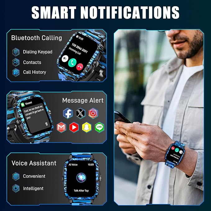 Military Smart Watches for Men (Make/Answer Call) 1.96" Screen Outdoor Activity Tracker with 100+ Sport Modes Health Monitor 3ATM Waterproof Smartwatch