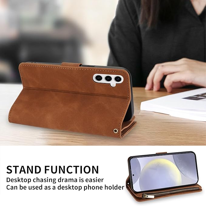 ZZXX for Samsung Galaxy S24 Plus Wallet Case with RFID Blocking Card Slot PU Leather Zipper Flip Folio with Strap Kickstand Protective Cover for Samsung Galaxy S24+ Case Wallet(Brown-6.7 inch)