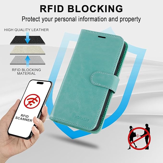 MONASAY Wallet Case Fit for Samsung Galaxy S23 FE 6.4 inch 5G,[RFID Blocking] Flip Folio Leather Cell Phone Cover with Credit Card Holder, Mint