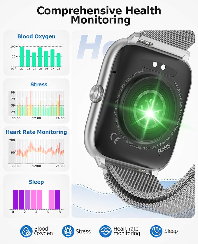 2.06" AMOLED Smart Watches with Blood Pressure, 118 Sports Modes, Fitness Activity Tracker for Men Women, Heart Rate Sleep SpO2 and Stress Monitor, IP68 Waterproof, Compatible with Android and iPhone