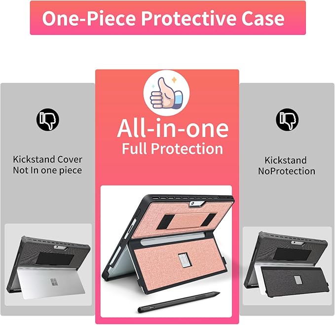 Case fit Microsoft Surface Pro 11/10 /9/8 13-Inch, with Stent Cover, Hand Strap, All-in-one Rugged Case Compatible with Type Cover Keyboards,Coupled Pink