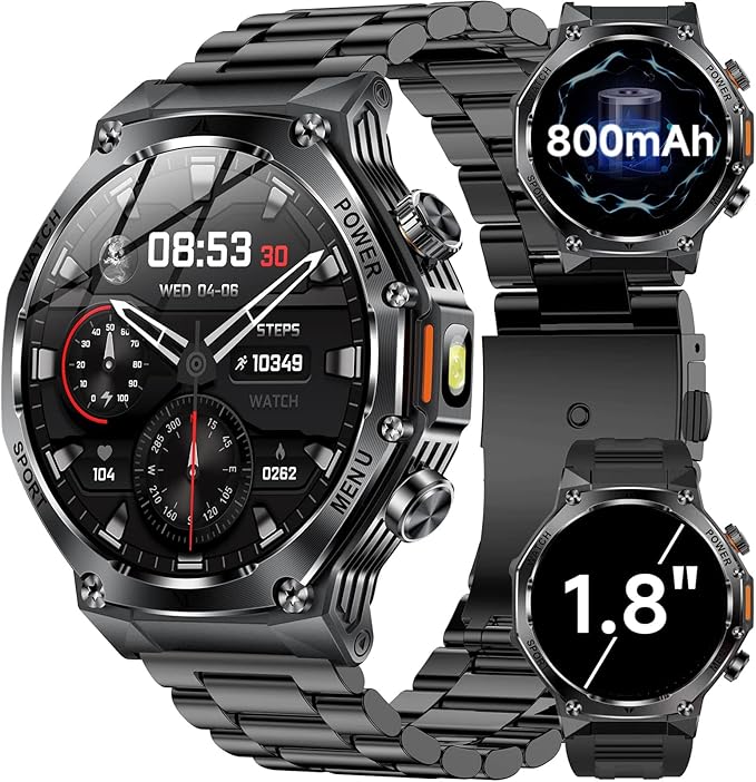 Military Smart Watch for Men, 800mAh Big Battery Smart Watches with LED Flashlight for Android iOS, Answer/Make Call, Fitness Tracker, Blood Oxygen/Heart Rate Monitoring, Sleep Track (2 Bands, Black)