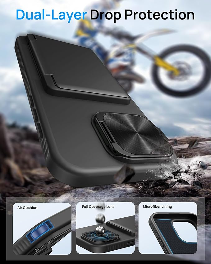 for iPhone 16 Pro Case with Card Holder & Kickstand & Camera Cover, Full Body Protective Silicone Edge Rugged Multifunctional Wallet Stand Phone Cover Case for iPhone 16 Pro, Black