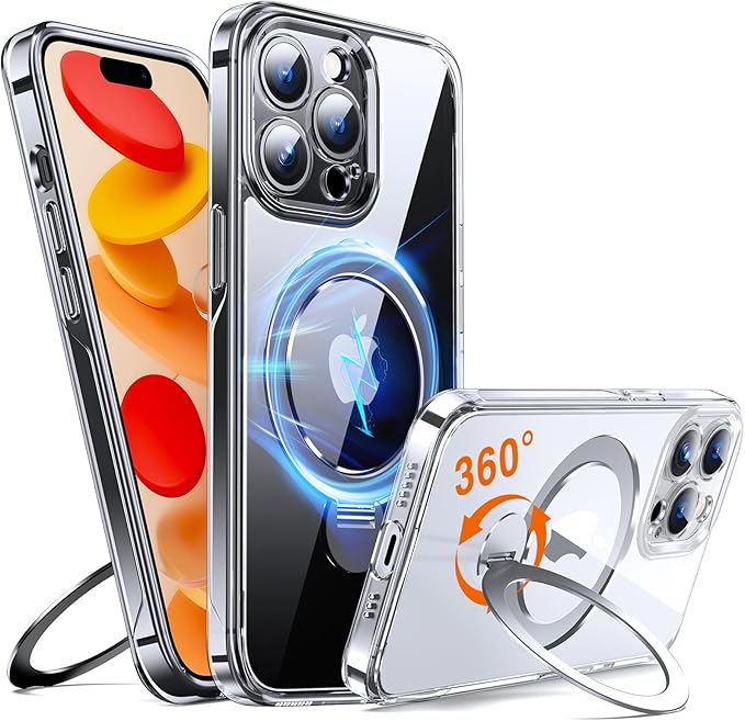 360° O-Ring MagStander for iPhone 14 Pro Case with Magnetic Kickstand Ring Holder [Compatible with MagSafe][360°Rotate Stand Ring][Military Shockproof] iPhone 14 Pro Phone Cover Clear