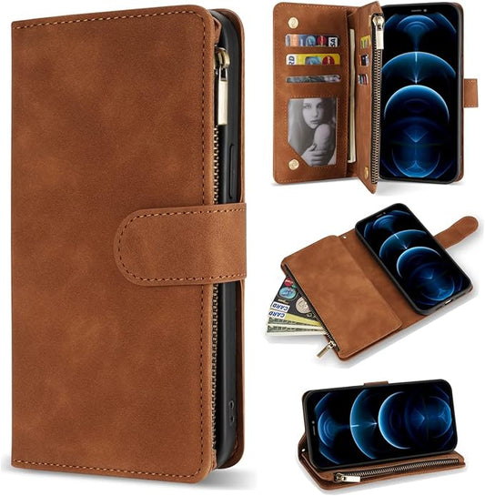 ZZXX iPhone 12 Pro Wallet Case with Card Slot, Premium Soft PU Leather Zipper Flip Folio Wallet with Wrist Strap Kickstand Protective for iPhone 12 (Brown 6.1 inch)