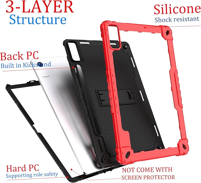 Heavy-Duty Drop-Proof Shockproof Hybrid Kids Protective Case for Lenovo Tab P12/Xiaoxin Pad Pro 12.7" Tablet TB370FU/TB371FC (Red/Black)