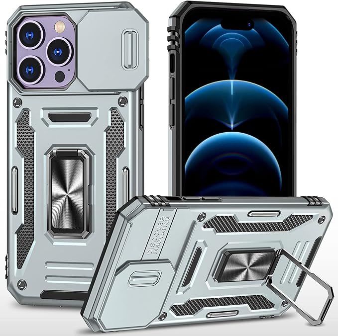 Case for iPhone 14 Pro Phone Case with Camera Cover, with Kickstand Ring Holder, with Magnetic Car Mount Function, for iPhone 14 Pro (Grey)