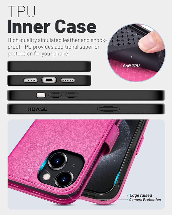 OCASE Compatible with iPhone 14 Wallet Case, PU Leather Flip Folio Case with Card Holders RFID Blocking Kickstand [Shockproof TPU Inner Shell] Phone Cover 6.1 Inch 2022 (Rose)