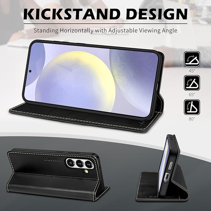 SHIELDON Case for Galaxy S25 6.2" 2025, Genuine Leather Folio Wallet Case RFID Blocking Card Holder Folio Magnetic Stand Shockproof Protective Cover Compatible with Galaxy S25 - Retro Black