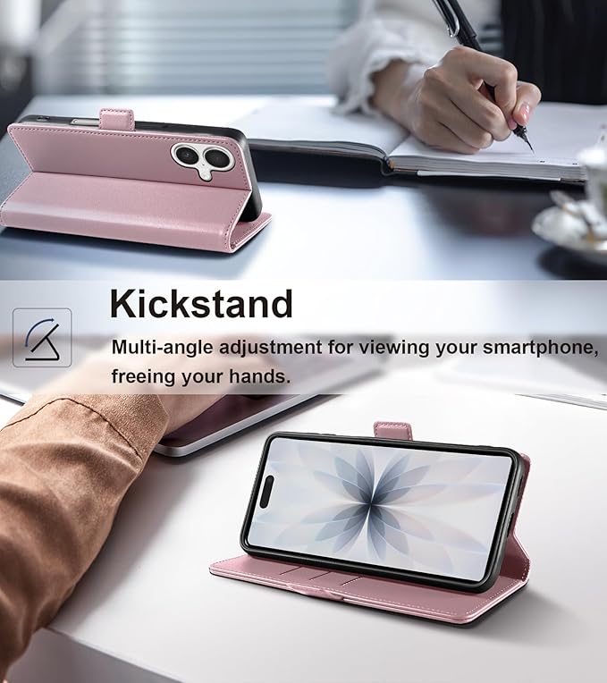 Wallet Flip Case for iPhone 17 5G - [RFID Blocking] Luxury PU Leather Card Holder Magnetic Phone Cover with Kickstand,Shockproof Protective Case,Pink