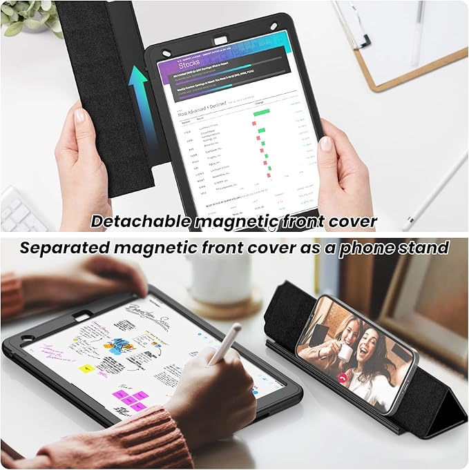 SEYMAC stock Case for iPad 9th/ 8th/ 7th Generation 10.2'', 3-Layers Full-Body Shockproof Case with Pencil Holder Folio Stand/Detachable Cover, Auto Sleep/Wake Magnetic for iPad 10.2 inch, Black