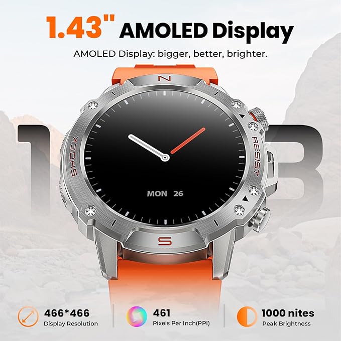 WalkerFit Military Rugged Smart Watch for Men 1.43" AMOLED Smartwatch, Always-on, 3ATM Waterproof for Swim, HR Sleep Monitor, Bluetooth Call Fitness Watch for iPhone Andriod Compatible, Silver Orange