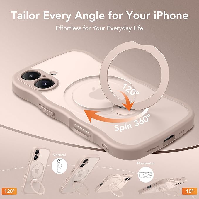 for iPhone 16 Case, [Compatible with Magsafe][360° Spin Magnetic Stand][Military-Grade Protection][Camera Control][Cute Wave Edge] Translucent Matte Women Phone Cover for iPhone 16, Rose Gold