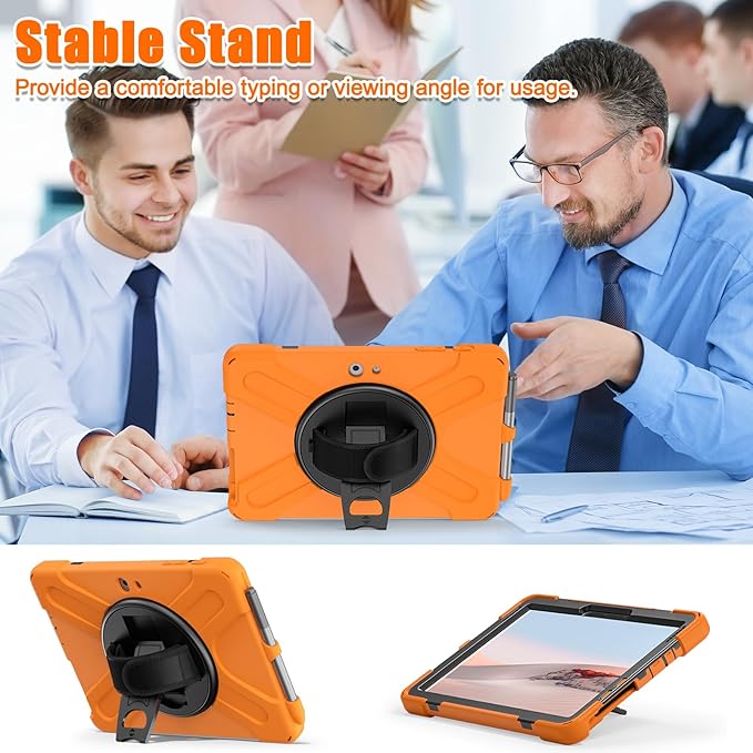 ZenRich Rugged Case for Surface Go with Pen Holder, Heavy Duty Shockproof Case with Stand, Hand Strap and Shoulder Belt - Orange