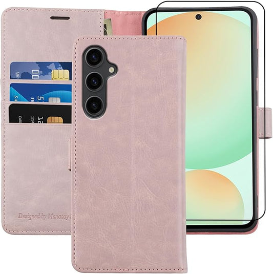MONASAY Wallet Case Fit for Samsung Galaxy S24 FE 6.1 inch 5G,[RFID Blocking] Flip Folio Leather Cell Phone Cover with Credit Card Holder, Pinksand