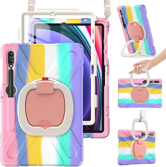BRAECN Case for Samsung Galaxy Tab S10+/S9 FE+/S9+ 12.4 Inch 2024, Rugged Silicone Case w/S Pen Holder, Screen Protector, Handle Grip/Kickstand,Shoulder Strap for Galaxy Tab S10 Plus, Colorful Pink