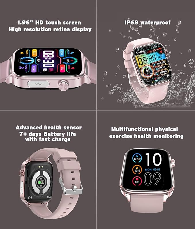 Men's Women's Smart Watch,1.96-inch HD Touchscreen Smartwatch,100+ Sports,Blood Pressure,Heart Rate,Blood Oxygen,Sleep Monitoring,IP68 Waterproof Fitness Tracker,Android iOS iPhone (Pink)