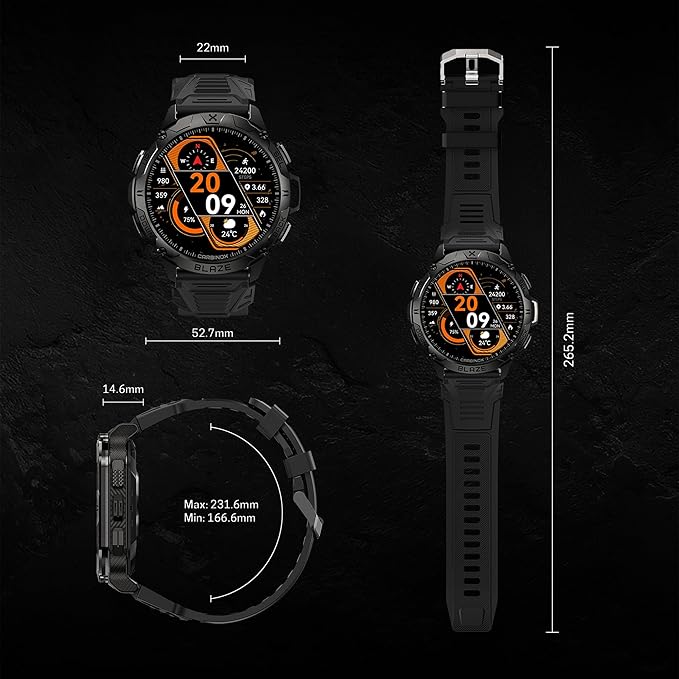 CARBINOX Blaze Smart Watch with GPS (Sport Mode), Rugged Fitness Tracker Waterproof IP69K, Compatible with Android and iOS, 170+ Sports Modes, Gorilla Glass Screen, Make/Receive Calls (Round)