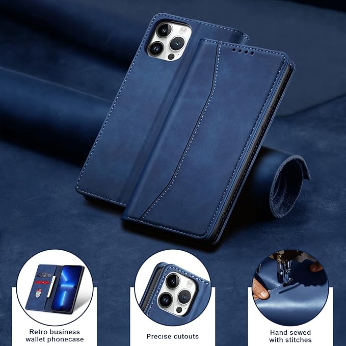 Jasonyu Flip Wallet Case for iPhone 13 Pro,Leather Magnetic Folio Cover with Card Holder,Kickstand - TPU Shockproof Durable Protective Phone Case,Blue