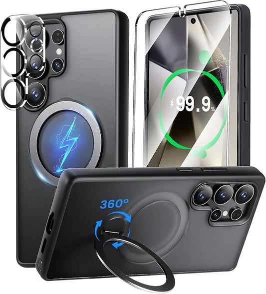 360° Rotatable Stand for Samsung Galaxy S25 Ultra Case Magnetic with Screen Protector X1 & Camera Lens Protector*1, Compatible with MagSafe, 16FT Mil-Grade Shockproof for S25 Ultra Case 6.9", Black