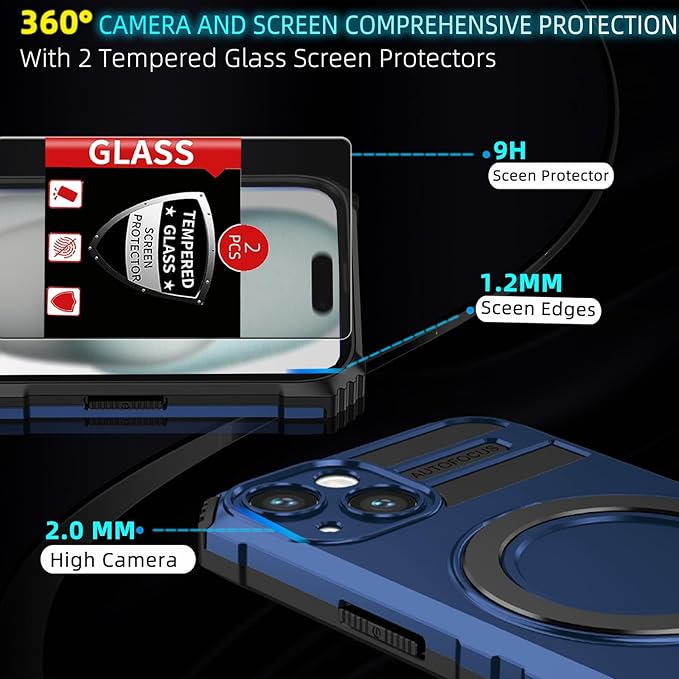 for iPhone 15 Case Magnetic Compatible with MagSafe Wireless Charging,with 2 Screen Protectors,Built-in Kickstand Ring,Shockproof Shock-Absorbent Scratch Resistant Heavy Duty Protection Blue