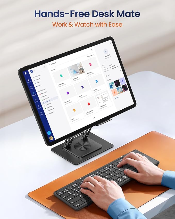 Tablet Stand Holder for Desk with 360° Rotating Base, Dual Rod Adjustable & Foldable Aluminum Stand for Home Office Compatible with 11’’-16’’ Tablets, Black