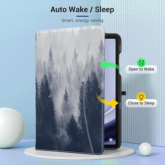 MoKo Case for Samsung Galaxy Tab A9 Plus 11" 2023 (SM-X210/SM-X216/SM-X218), PU Leather Multi-Angle Viewing Folding Stand Cover Case with Hand Strap, Front Pocket, Auto Wake/Sleep, Gray Forest