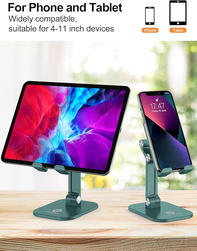 OCYCLONE Phone Stand, Adjustable Height and Angle Foldable Cell Phone Stand Holder for Desk, Taller iPhone Stand Compatible with 4.7"-13" Smartphones iPad Tablet, Green