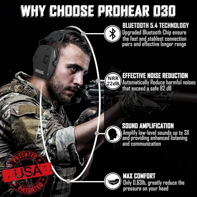 PROHEAR 030 Upgraded Bluetooth Electronic Shooting Hearing Protection Muffs with GEP02 Gel Ear Pads, Noise Reduction Sound Amplification Headsets for Gun Range, Hunting, Gifts for Women Man - Black