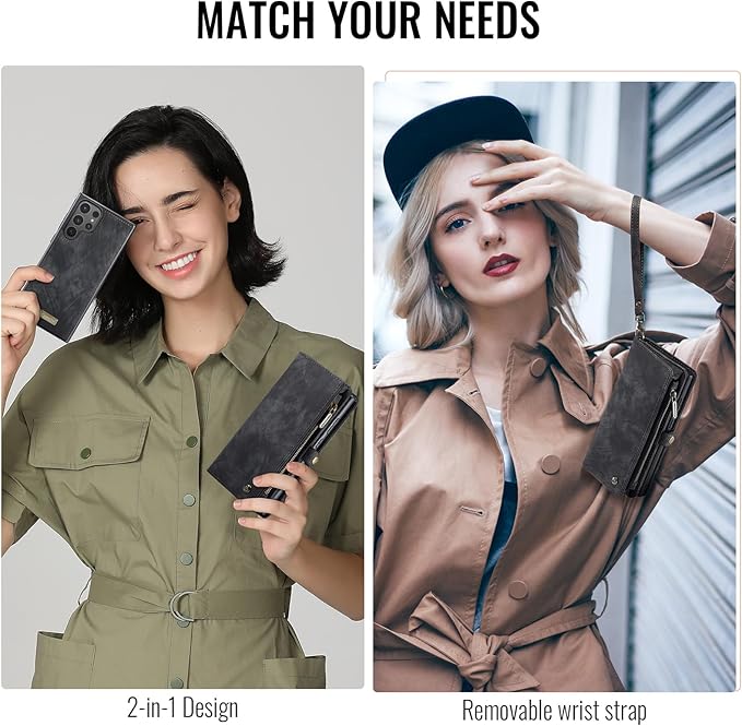 SZHAIYU 2 in 1 Detachable for Samsung Galaxy S25 Ultra Wallet Case with Card Holder, Retro Premium Flip Leather Cover Magnetic Zipper Pocket Phone Cases 6.8'' (Black, S25 Ultra)