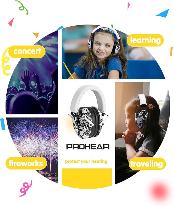 PROHEAR 032 Kids Ear Protection Safety Ear Muffs, NRR 25dB Noise Reduction Childrens Earmuffs, Adjustable Headband Hearing Protectors for Concerts, Racing, Airports - Skull Pattern