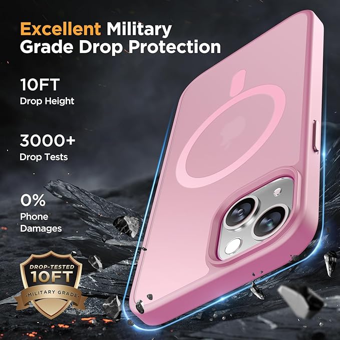 Miracase for iPhone 14 Case [MagSafe Compatible] [2× 9H Tempered Glass] 12FT Military-Grade Drop Protection, Slim Translucent Matte, Anti-Fingerprint, Shockproof with Metal Buttons, Mes-Pink