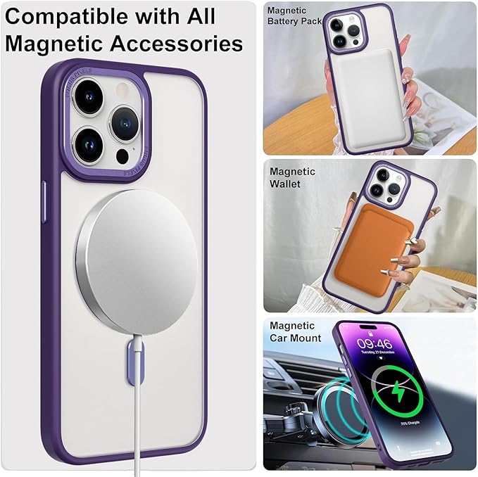 ZIYE Magnetic Case for iPhone 14 Pro Max Case with Stand [Compatible with MagSafe] Slim Shockproof Military Grade Heavy Duty Cover with 360 Rotatable Ring Kickstand for Women Men, Translucent Purple