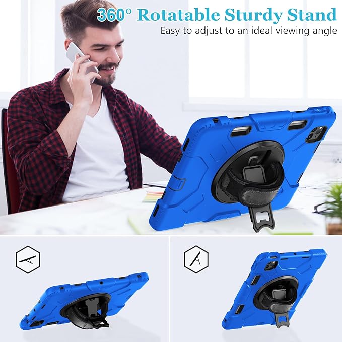Case for iPad Pro 11 Inch 2022/2021/ 2020/2018: Silicone Cover for iPad 11 Inch 4th/ 3rd/ 2nd/ 1st/ Generation with Screen Protector- Stand- Handle- Shoulder Strap- Pencil Holder- Blue