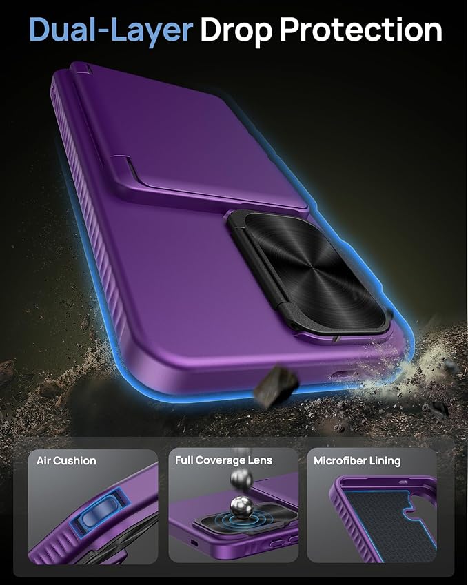for Samsung Galaxy S25 Case, Built-in Card Holder & Stand & Camera Lens Cover, Military Grade Drop Tested Soft Silicone Edge Rugged Protective Wallet Phone Case for Galaxy S25 6.2" 2025, Purple