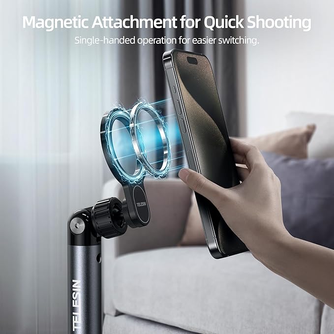 TELESIN° Magnetic Phone Tablet Floor Stand, Aluminum Alloy Phone Holder Stand for Video Recording, Overhead Bed/Sofa Phone Mount Height Adjustable Ultra Stable Base for Magsafe/iPhone/Android/iPad