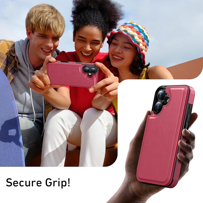 FUNMIKO for iPhone 16 Plus Wallet Case with Card Holder, RFID-Blocking, Military-Grade Protection & UV-Printed Artwork, Magnetic Closure with Leather Kickstand - Hot Pink