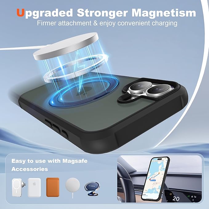 Compatible with iPhone 17 Case with Invisible Magnetic 360°Spin Stand,Military-Grade Shockproof Protection [Compatible with Mag-Safe] Non-Slip Edge Translucent Case (6.3",Black)