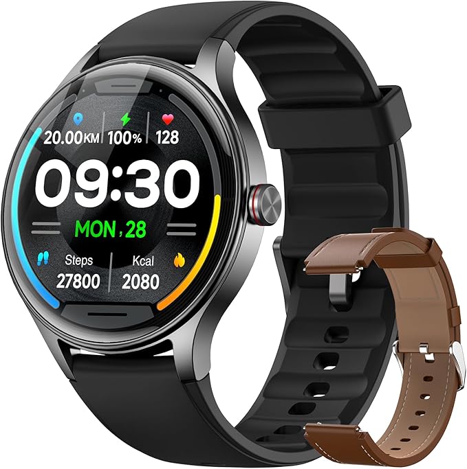 Fitpolo Smart Watches for Men/Women (2 Bands), 40mm Round Smartwatch Fitness Tracker with Bluetooth Calls (Make/Answer), Heart Rate/SpO2/Sleep Monitor, 7 Days Battery, IP68 Waterproof - Black