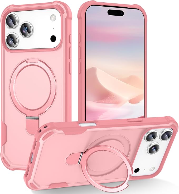 Compatible with iPhone 17 Pro Max Case with Invisible Magnetic Ring Stand [Compatible with Magnetic] [Military Drop Protection] Shockproof Slim Hard Back Soft Edge Case 6.9 Inch, Pink