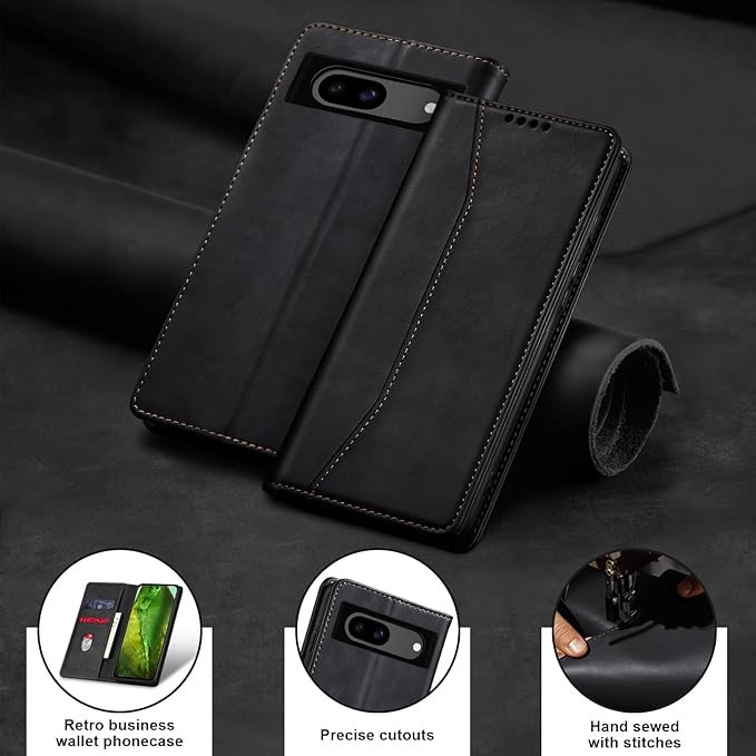 Jasonyu Flip Wallet Case for Google Pixel 8A,Leather Magnetic Folio Cover with Card Holder,Kickstand - TPU Shockproof Durable Protective Phone Case,Black