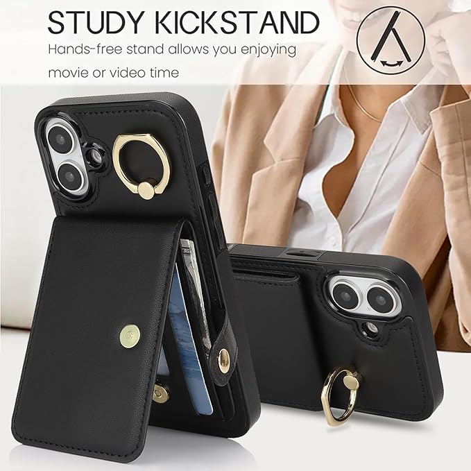 Compatible iPhone 16 Plus Wallet Case with Card Holder RFID Blocking PU Leather Doubles as a Wallet Unisex Flip Shockproof Protection with Card Slots Ring Wrist Kickstand Function,Black