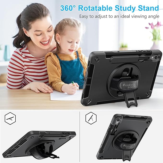 Case for Galaxy Tab S7 FE/S7 Plus/S8 Plus 12.4 INCH: TPU Protective Cover for Samsung Tablet S7 FE/S7 Plus/S8 Plus 12.4 with Screen Protector-Stand- Handle + Shoulder Strap-S-Pen Holder- Black