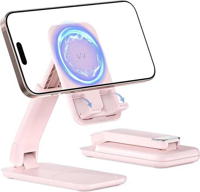 iWALK Magnetic Cell Phone Stand for Desk, Angle and Height Adjustable Mobile Phone Holder, Foldable Magnet Stand for iPhone 16 15 14 13 12 Pro Max and iPad, Cell Phone Holder for Samsung Galaxy, Pink
