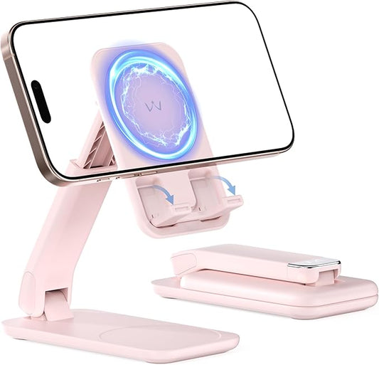 iWALK Magnetic Cell Phone Stand for Desk, Angle and Height Adjustable Mobile Phone Holder, Foldable Magnet Stand for iPhone 16 15 14 13 12 Pro Max and iPad, Cell Phone Holder for Samsung Galaxy, Pink